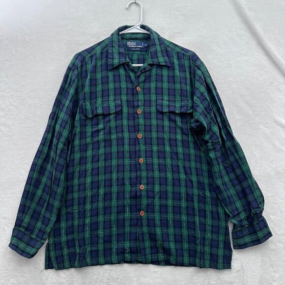 Vintage Polo Ralph Lauren Shirt Mens Green Blackwatch Plaid Rayon Loop Collar